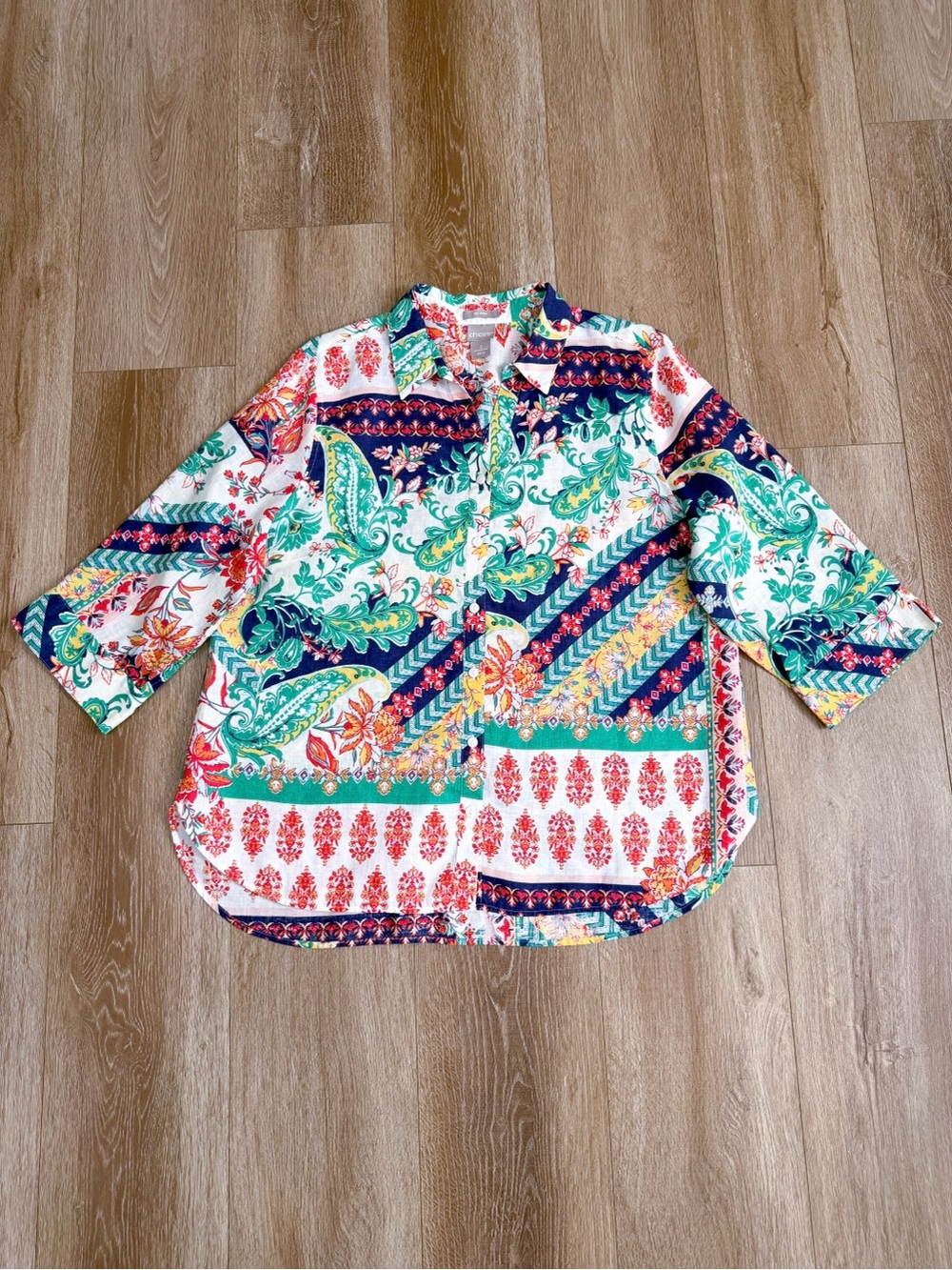 Chicos 100% Linen No Iron Patchwork Paisley Floral Boho Button Down Top Size XL